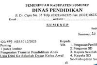 Surat Edaran (SE) yang diterima jurnalis berdasarkan nomor surat 420/9/435.101.2/2023 perihal Penguatan Transisi Pendidikan Anak Usia Dini Ke Sekolah Dasar Kelas Awal (Sumber Foto: Istimewa).